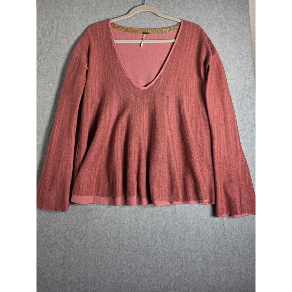 Free People Sunset Park V-Neck Pullover Sweater Small Pink Cotton Linen Knit